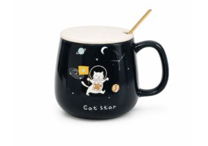 Taza de cerámica con tapa y cucharita